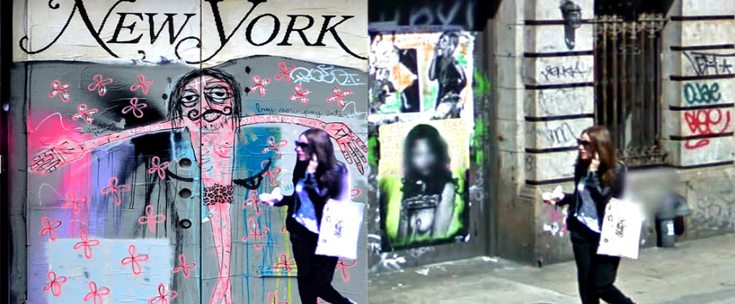 The image shows the work "Street Ghost" by Paolo Cirio, located at 214 Lafayette Street, New York. The work features a life-sized portrait of a person and is affixed to the facade of the building.